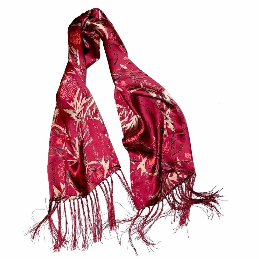 Men's Fuchsia Doubled Silk Scarf Hieroglyphs and Floral Bamboo Design Fringed - Picture 7 of 8